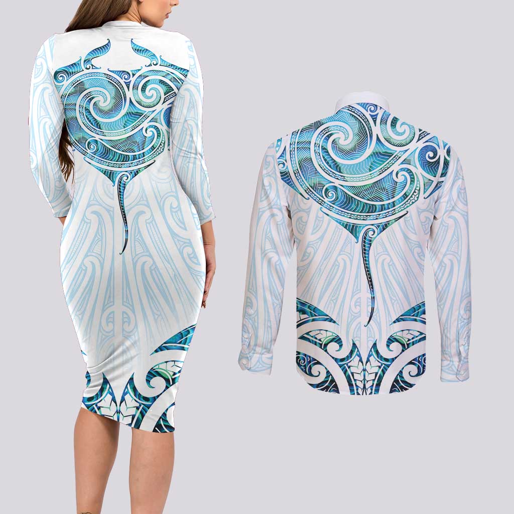 New Zealand Manta Ray Tattoo Couples Matching Long Sleeve Bodycon Dress and Long Sleeve Button Shirt Aotearoa Maori Haehae Paua Shell LT14 - Polynesian Pride