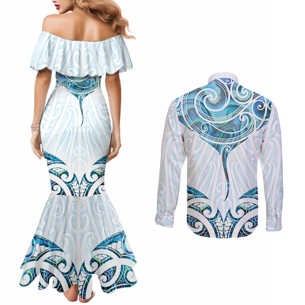 New Zealand Manta Ray Tattoo Couples Matching Mermaid Dress and Long Sleeve Button Shirt Aotearoa Maori Haehae Paua Shell LT14 - Polynesian Pride