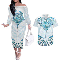 New Zealand Manta Ray Tattoo Couples Matching Off The Shoulder Long Sleeve Dress and Hawaiian Shirt Aotearoa Maori Haehae Paua Shell LT14 White - Polynesian Pride