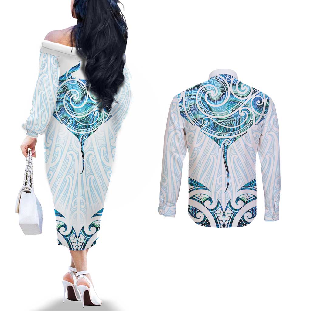 New Zealand Manta Ray Tattoo Couples Matching Off The Shoulder Long Sleeve Dress and Long Sleeve Button Shirt Aotearoa Maori Haehae Paua Shell LT14 - Polynesian Pride