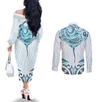 New Zealand Manta Ray Tattoo Couples Matching Off The Shoulder Long Sleeve Dress and Long Sleeve Button Shirt Aotearoa Maori Haehae Paua Shell LT14 - Polynesian Pride