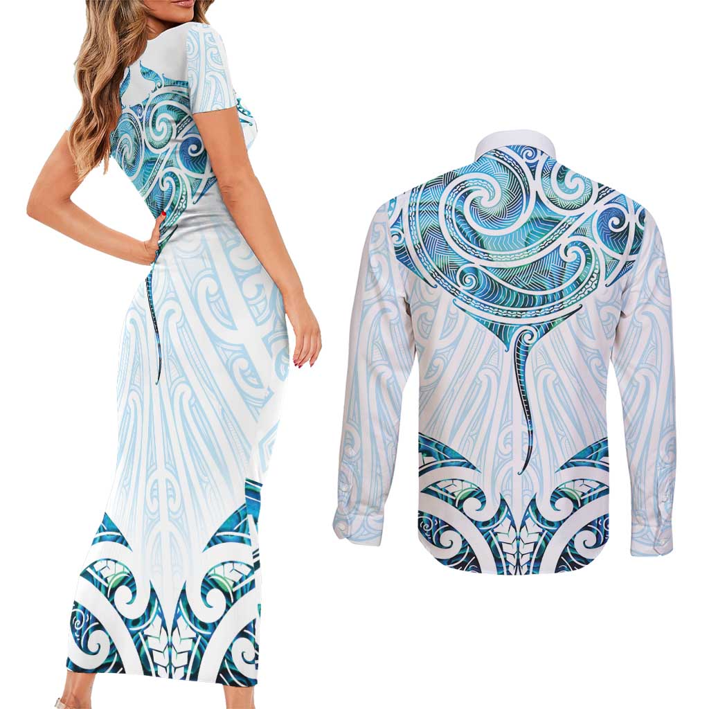 New Zealand Manta Ray Tattoo Couples Matching Short Sleeve Bodycon Dress and Long Sleeve Button Shirt Aotearoa Maori Haehae Paua Shell LT14 - Polynesian Pride