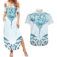 New Zealand Manta Ray Tattoo Couples Matching Summer Maxi Dress and Hawaiian Shirt Aotearoa Maori Haehae Paua Shell LT14 White - Polynesian Pride