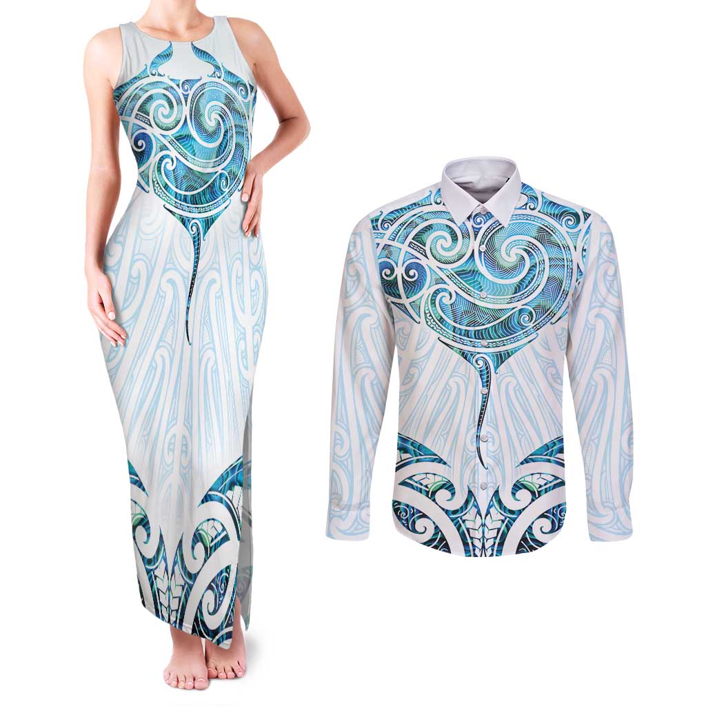 New Zealand Manta Ray Tattoo Couples Matching Tank Maxi Dress and Long Sleeve Button Shirt Aotearoa Maori Haehae Paua Shell LT14 White - Polynesian Pride