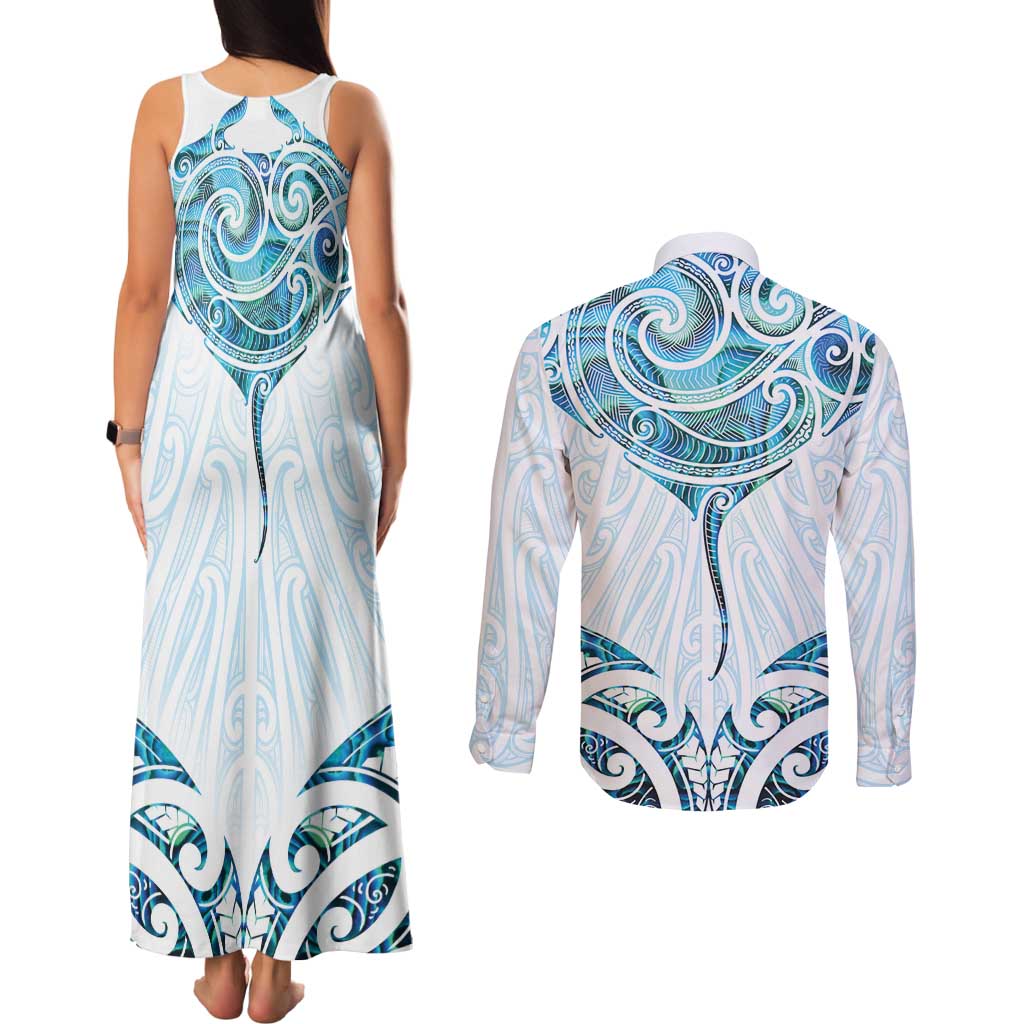 New Zealand Manta Ray Tattoo Couples Matching Tank Maxi Dress and Long Sleeve Button Shirt Aotearoa Maori Haehae Paua Shell LT14 - Polynesian Pride