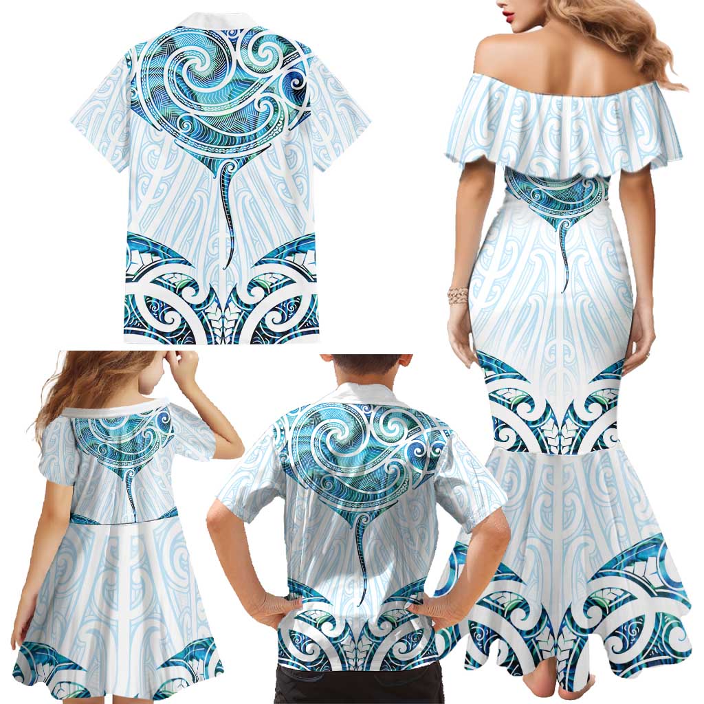 New Zealand Manta Ray Tattoo Family Matching Mermaid Dress and Hawaiian Shirt Aotearoa Maori Haehae Paua Shell LT14 - Polynesian Pride