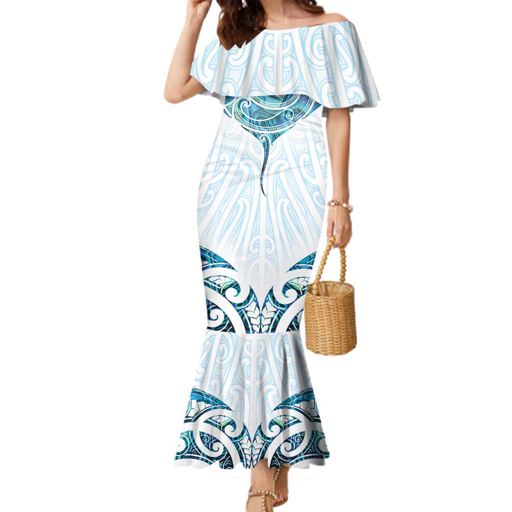 New Zealand Manta Ray Tattoo Family Matching Mermaid Dress and Hawaiian Shirt Aotearoa Maori Haehae Paua Shell LT14 Mom's Dress White - Polynesian Pride
