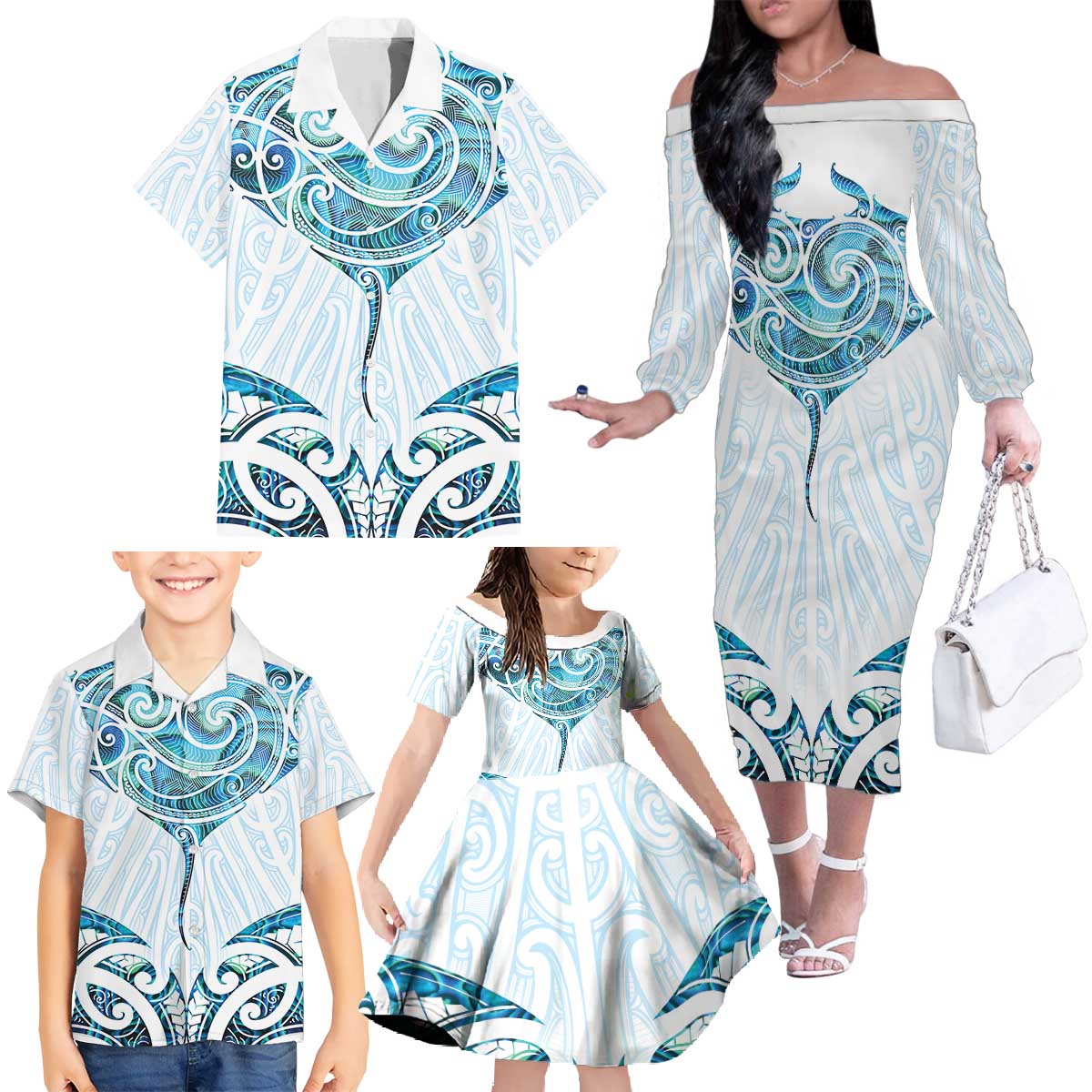 New Zealand Manta Ray Tattoo Family Matching Off The Shoulder Long Sleeve Dress and Hawaiian Shirt Aotearoa Maori Haehae Paua Shell LT14 - Polynesian Pride