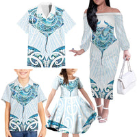 New Zealand Manta Ray Tattoo Family Matching Off The Shoulder Long Sleeve Dress and Hawaiian Shirt Aotearoa Maori Haehae Paua Shell LT14 - Polynesian Pride