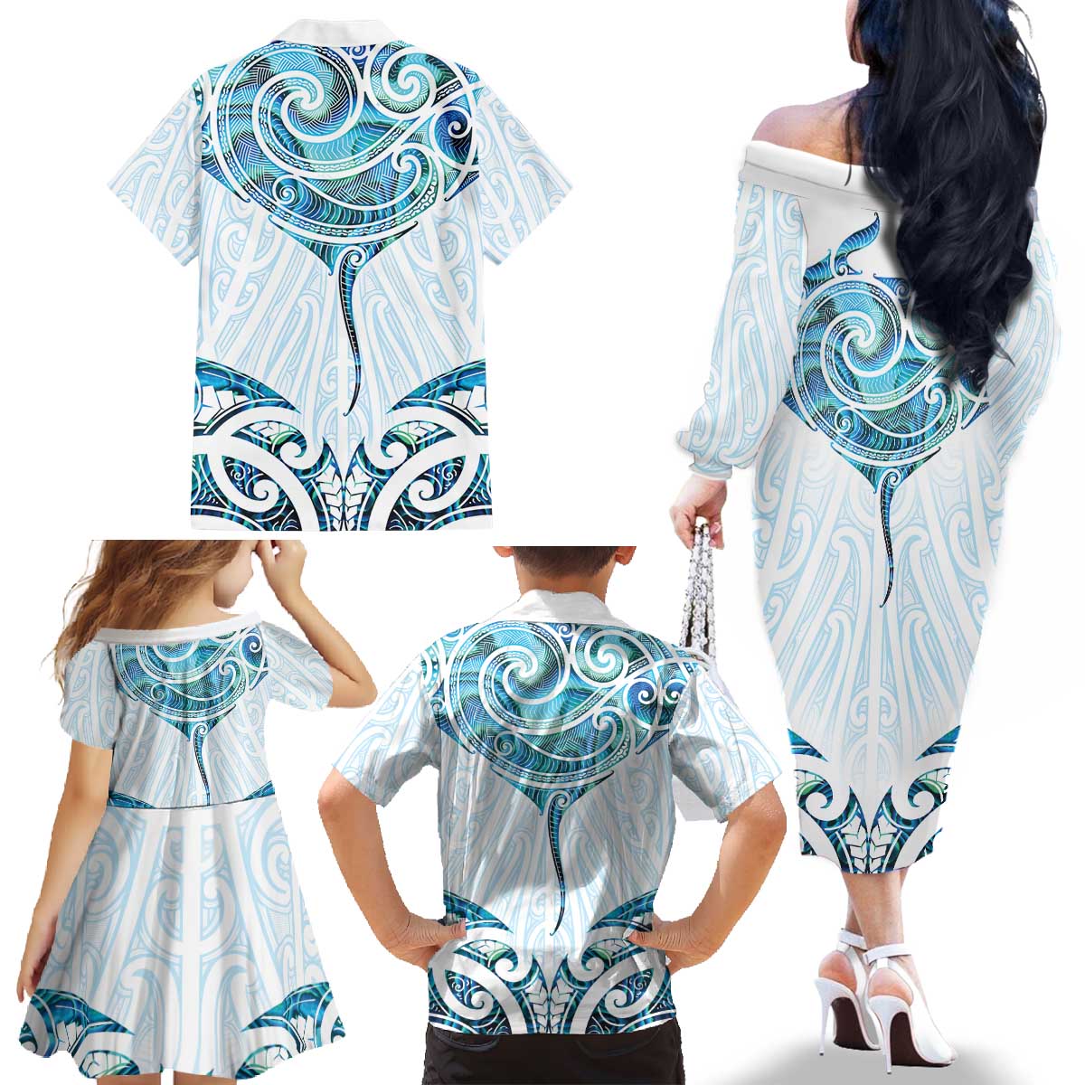 New Zealand Manta Ray Tattoo Family Matching Off The Shoulder Long Sleeve Dress and Hawaiian Shirt Aotearoa Maori Haehae Paua Shell LT14 - Polynesian Pride