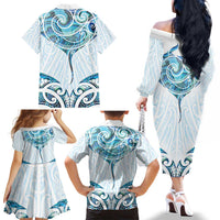 New Zealand Manta Ray Tattoo Family Matching Off The Shoulder Long Sleeve Dress and Hawaiian Shirt Aotearoa Maori Haehae Paua Shell LT14 - Polynesian Pride