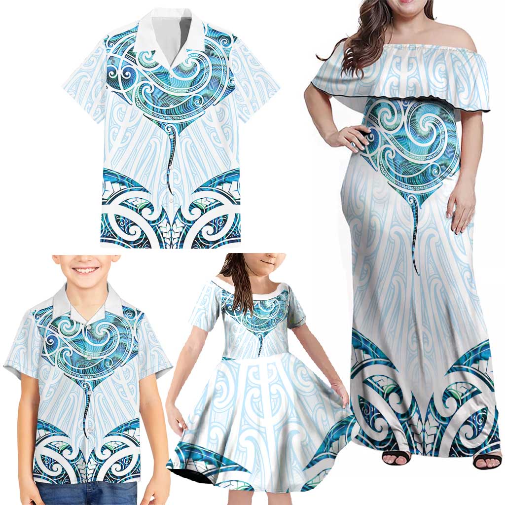 New Zealand Manta Ray Tattoo Family Matching Off Shoulder Maxi Dress and Hawaiian Shirt Aotearoa Maori Haehae Paua Shell LT14 - Polynesian Pride