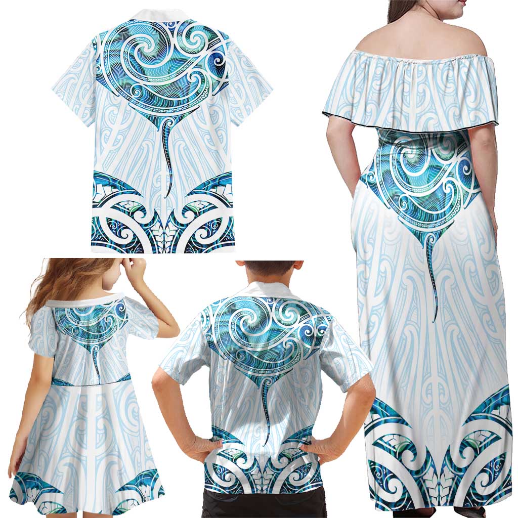 New Zealand Manta Ray Tattoo Family Matching Off Shoulder Maxi Dress and Hawaiian Shirt Aotearoa Maori Haehae Paua Shell LT14 - Polynesian Pride