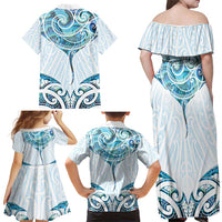 New Zealand Manta Ray Tattoo Family Matching Off Shoulder Maxi Dress and Hawaiian Shirt Aotearoa Maori Haehae Paua Shell LT14 - Polynesian Pride