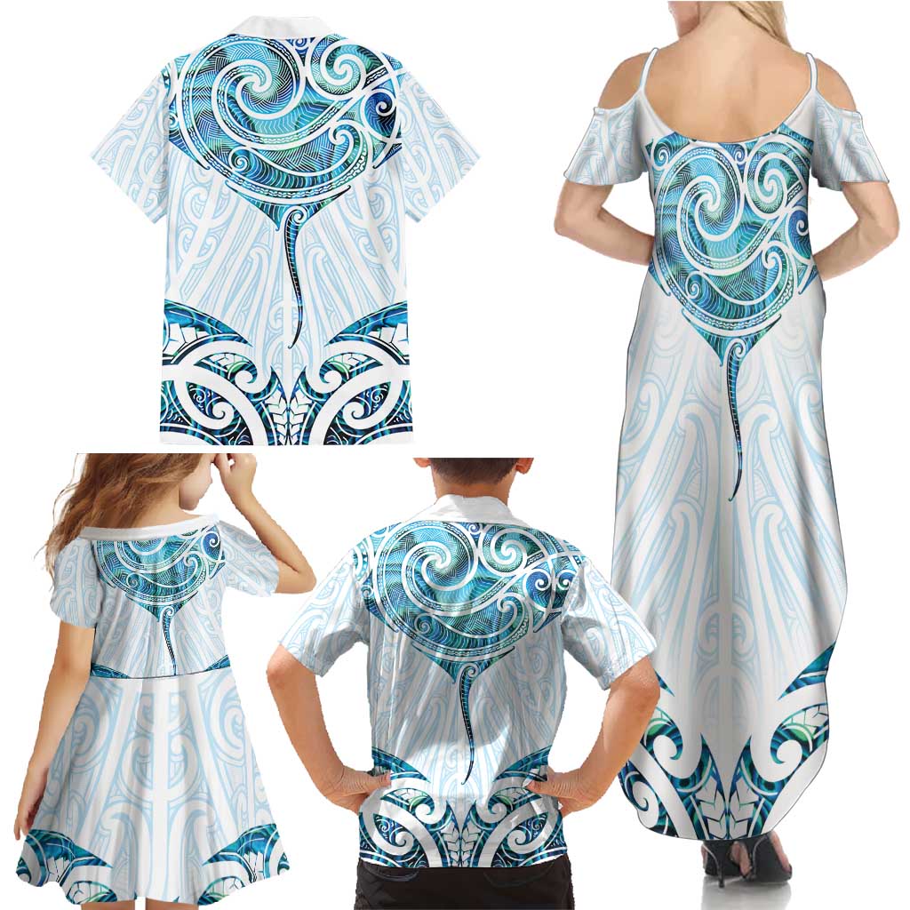 New Zealand Manta Ray Tattoo Family Matching Summer Maxi Dress and Hawaiian Shirt Aotearoa Maori Haehae Paua Shell LT14 - Polynesian Pride