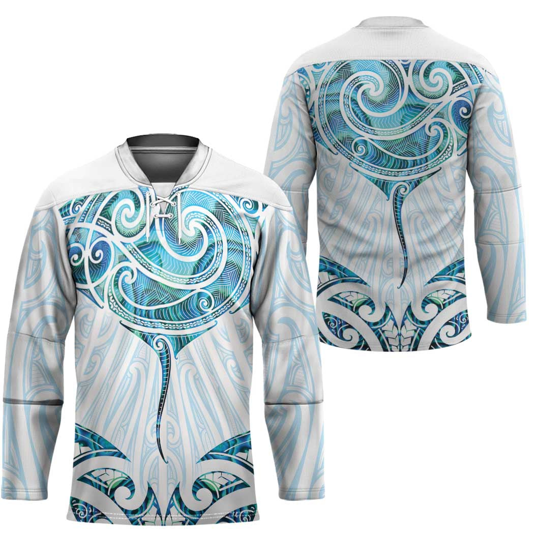 New Zealand Manta Ray Tattoo Hockey Jersey Aotearoa Maori Haehae Paua Shell - Polynesian Pride