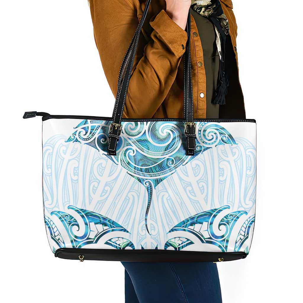 New Zealand Manta Ray Tattoo Leather Tote Bag Aotearoa Maori Haehae Paua Shell - Polynesian Pride