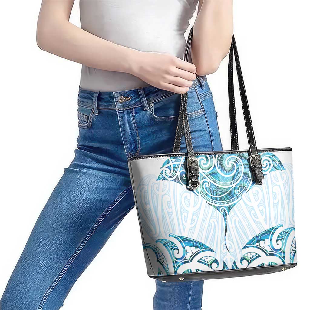 New Zealand Manta Ray Tattoo Leather Tote Bag Aotearoa Maori Haehae Paua Shell - Polynesian Pride
