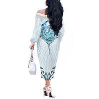 New Zealand Manta Ray Tattoo Off The Shoulder Long Sleeve Dress Aotearoa Maori Haehae Paua Shell - Polynesian Pride