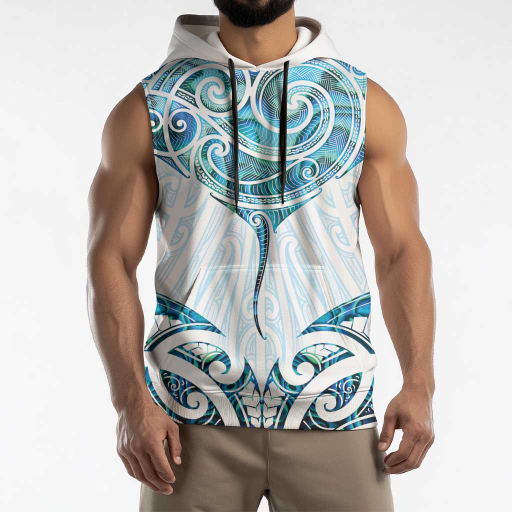 New Zealand Manta Ray Tattoo Sleeveless Hoodie Aotearoa Maori Haehae Paua Shell - Polynesian Pride