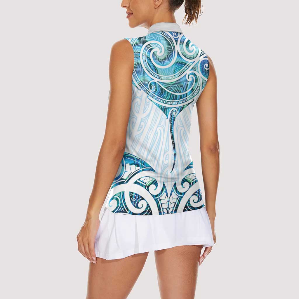 New Zealand Manta Ray Tattoo Women Sleeveless Polo Shirt Aotearoa Maori Haehae Paua Shell LT14 - Polynesian Pride