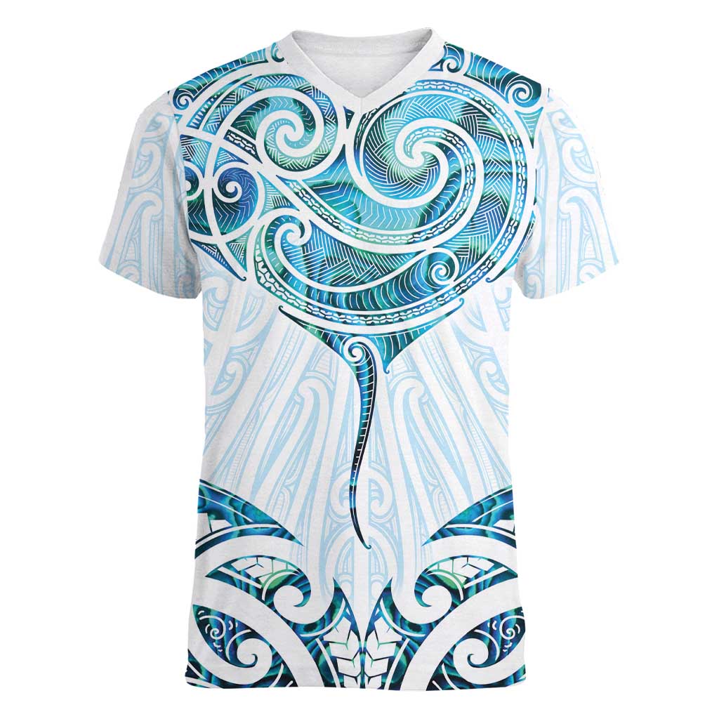 New Zealand Manta Ray Tattoo Women V-Neck T-Shirt Aotearoa Maori Haehae Paua Shell LT14 Female White - Polynesian Pride