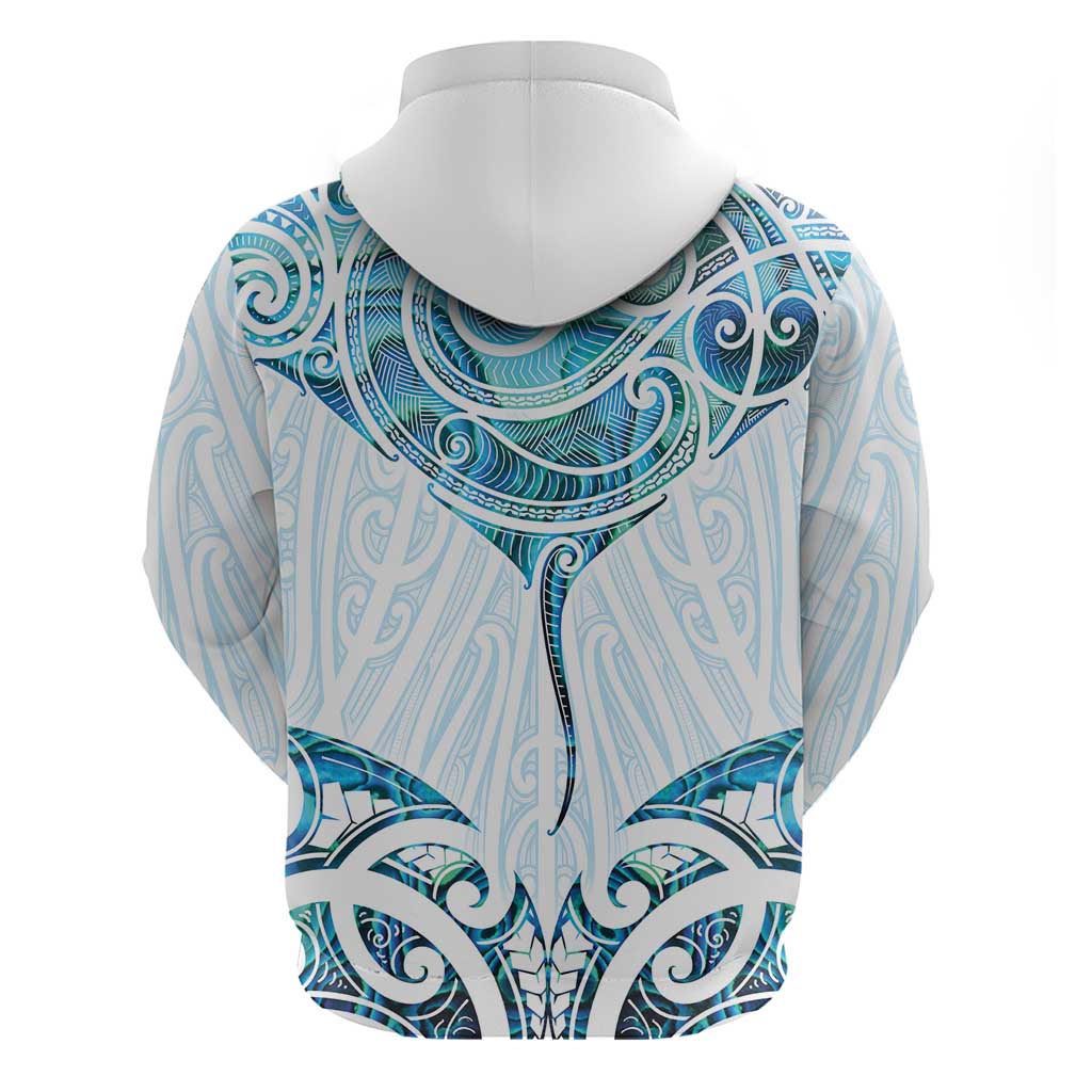 New Zealand Manta Ray Tattoo Zip Hoodie Aotearoa Maori Haehae Paua Shell - Polynesian Pride