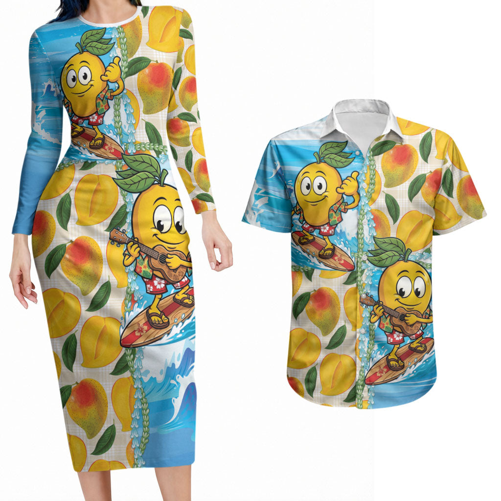Aloha Hawaii Summer Couples Matching Long Sleeve Bodycon Dress and Hawaiian Shirt Hawaiian Lei Surfing Mango Palaka Motifs