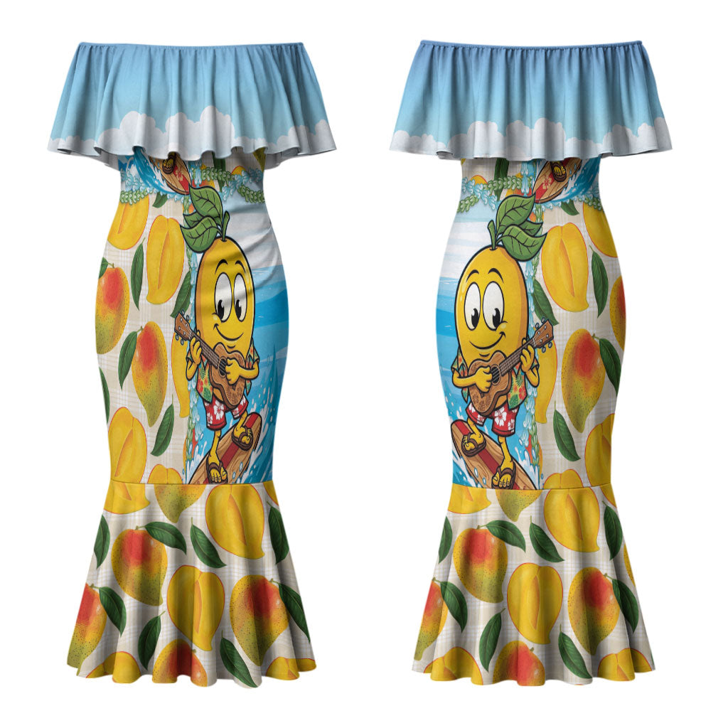 Aloha Hawaii Summer Couples Matching Mermaid Dress and Hawaiian Shirt Hawaiian Lei Surfing Mango Palaka Motifs