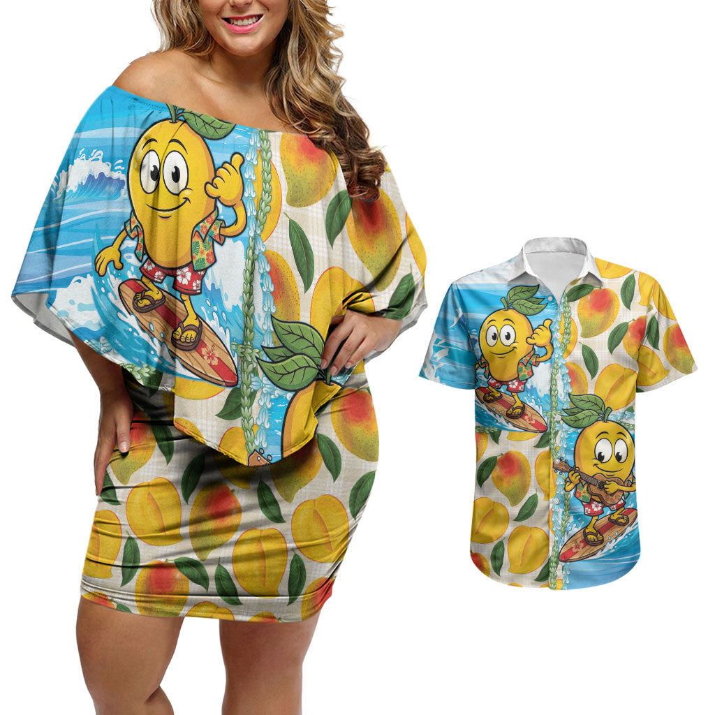 Aloha Hawaii Summer Couples Matching Off Shoulder Short Dress and Hawaiian Shirt Hawaiian Lei Surfing Mango Palaka Motifs