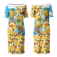 Aloha Hawaii Summer Couples Matching Puletasi and Hawaiian Shirt Hawaiian Lei Surfing Mango Palaka Motifs
