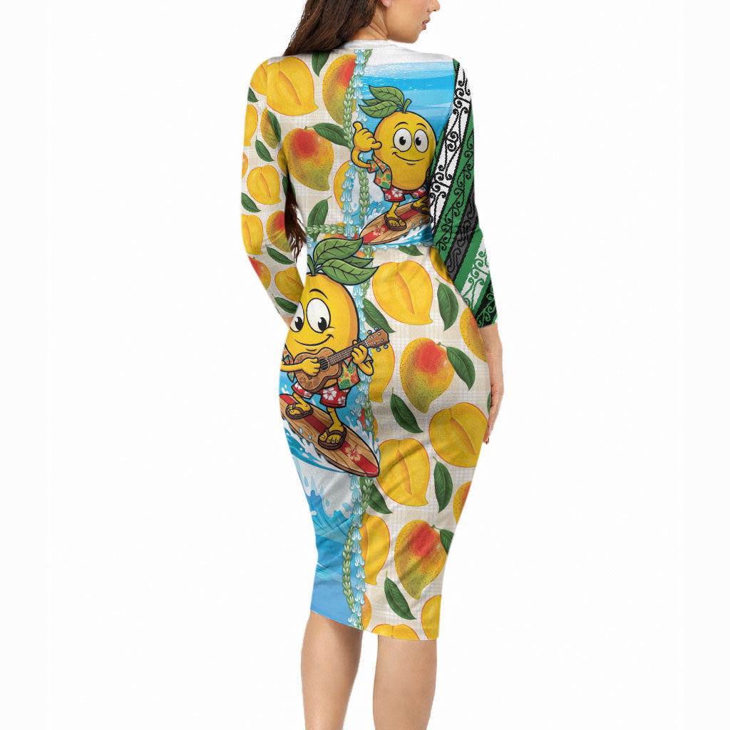 Aloha Hawaii Summer Long Sleeve Bodycon Dress Hawaiian Lei Surfing Mango Palaka Motifs