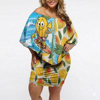Aloha Hawaii Summer Off Shoulder Short Dress Hawaiian Lei Surfing Mango Palaka Motifs