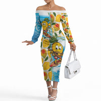 Aloha Hawaii Summer Off The Shoulder Long Sleeve Dress Hawaiian Lei Surfing Mango Palaka Motifs