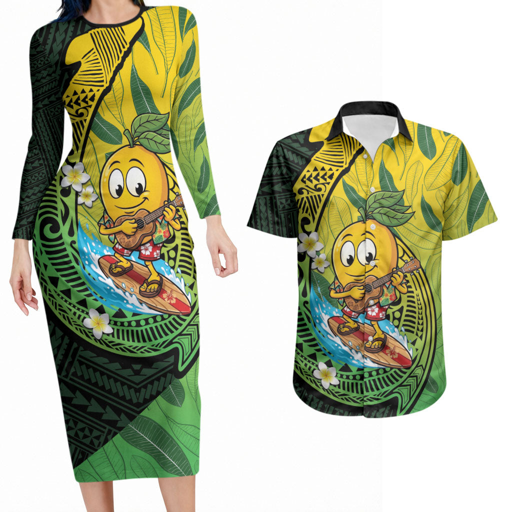 Hawaii Surfing Mango Couples Matching Long Sleeve Bodycon Dress and Hawaiian Shirt Manako Polynesian Fish Hook