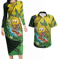 Hawaii Surfing Mango Couples Matching Long Sleeve Bodycon Dress and Hawaiian Shirt Manako Polynesian Fish Hook