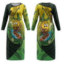 Hawaii Surfing Mango Couples Matching Long Sleeve Bodycon Dress and Hawaiian Shirt Manako Polynesian Fish Hook