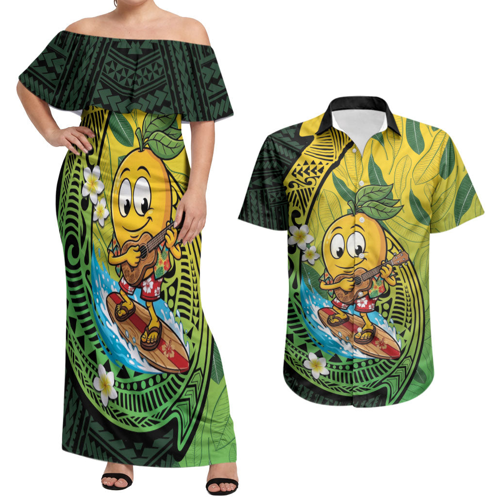 Hawaii Surfing Mango Couples Matching Off Shoulder Maxi Dress and Hawaiian Shirt Manako Polynesian Fish Hook