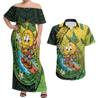 Hawaii Surfing Mango Couples Matching Off Shoulder Maxi Dress and Hawaiian Shirt Manako Polynesian Fish Hook