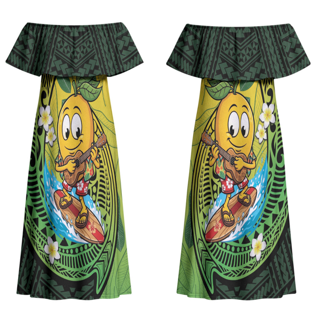 Hawaii Surfing Mango Couples Matching Off Shoulder Maxi Dress and Hawaiian Shirt Manako Polynesian Fish Hook