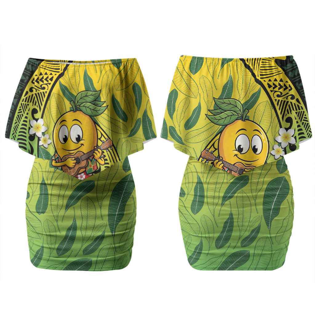 Hawaii Surfing Mango Couples Matching Off Shoulder Short Dress and Hawaiian Shirt Manako Polynesian Fish Hook