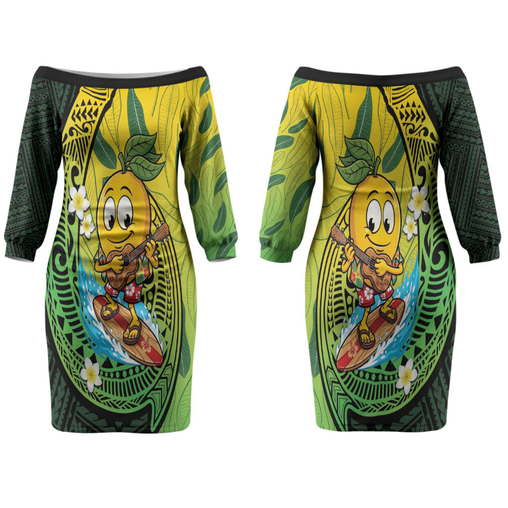 Hawaii Surfing Mango Couples Matching Off The Shoulder Long Sleeve Dress and Long Sleeve Button Shirt Manako Polynesian Fish Hook