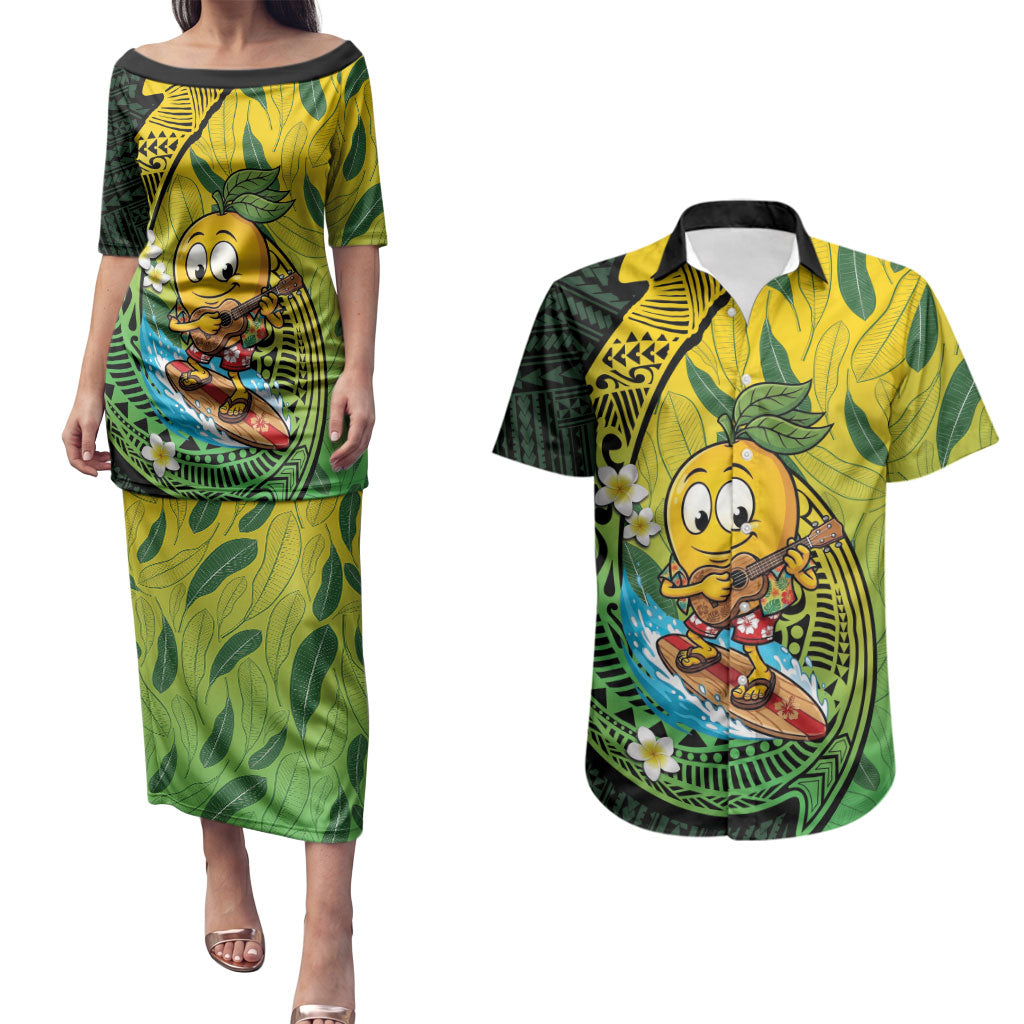 Hawaii Surfing Mango Couples Matching Puletasi and Hawaiian Shirt Manako Polynesian Fish Hook