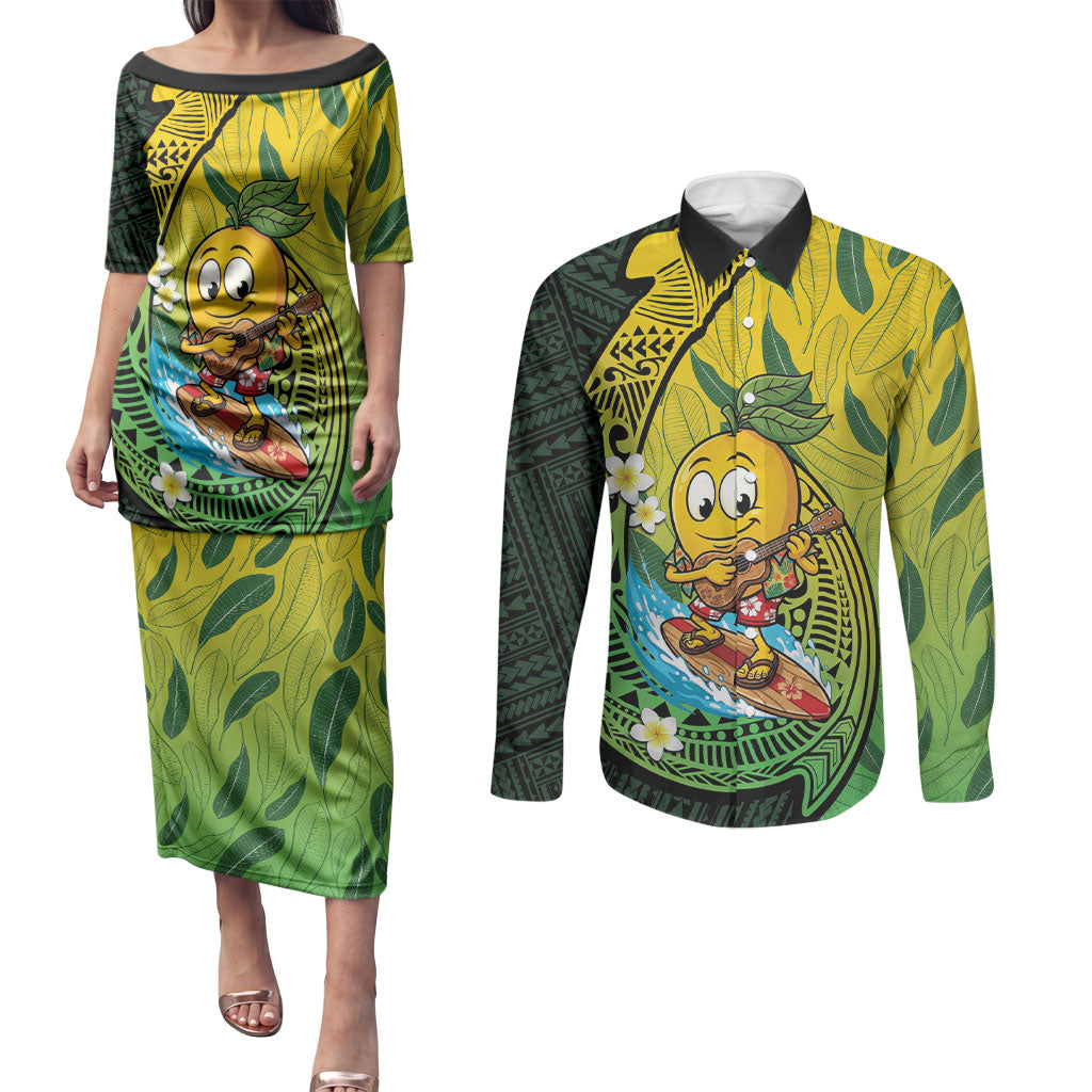 Hawaii Surfing Mango Couples Matching Puletasi and Long Sleeve Button Shirt Manako Polynesian Fish Hook