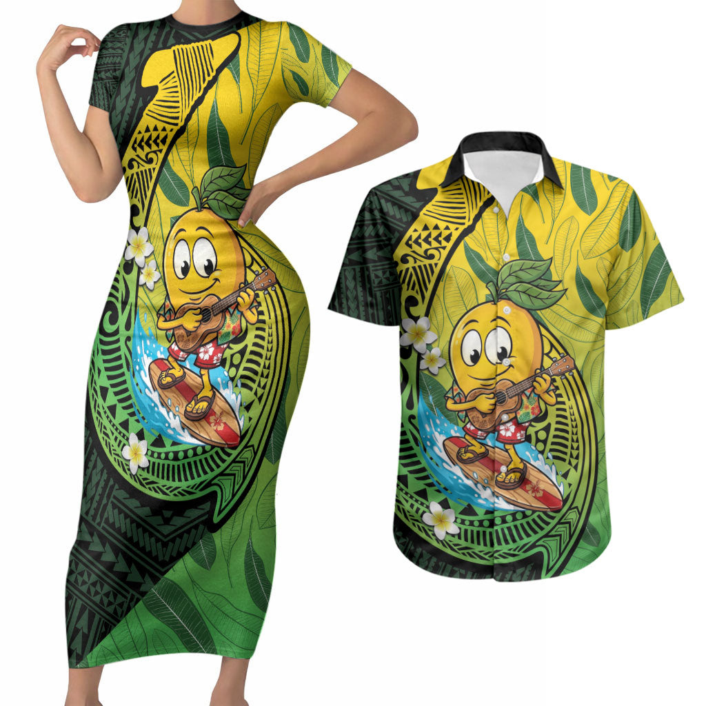 Hawaii Surfing Mango Couples Matching Short Sleeve Bodycon Dress and Hawaiian Shirt Manako Polynesian Fish Hook