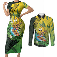 Hawaii Surfing Mango Couples Matching Short Sleeve Bodycon Dress and Long Sleeve Button Shirt Manako Polynesian Fish Hook