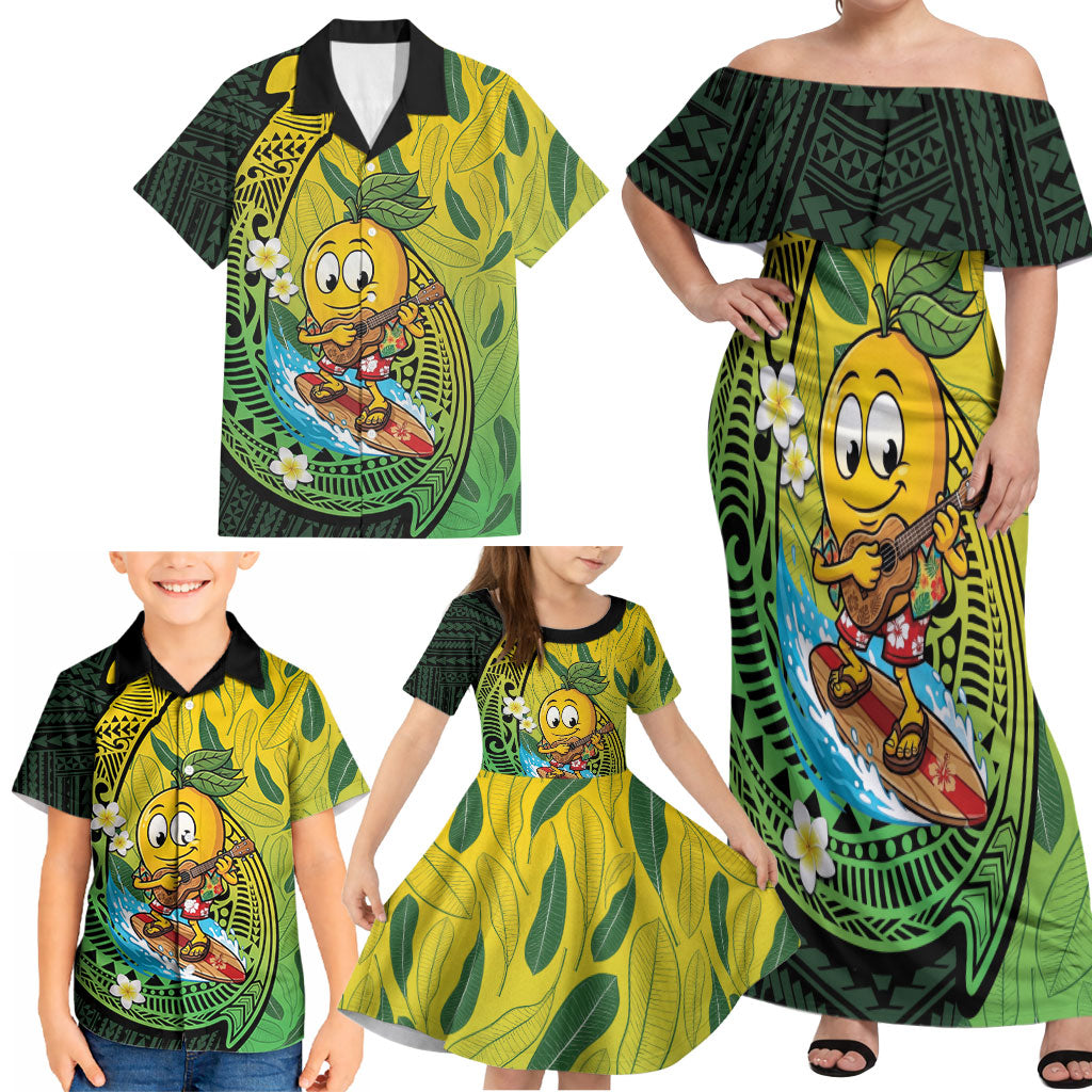 Hawaii Surfing Mango Family Matching Off Shoulder Maxi Dress and Hawaiian Shirt Manako Polynesian Fish Hook LT14 - Polynesian Pride