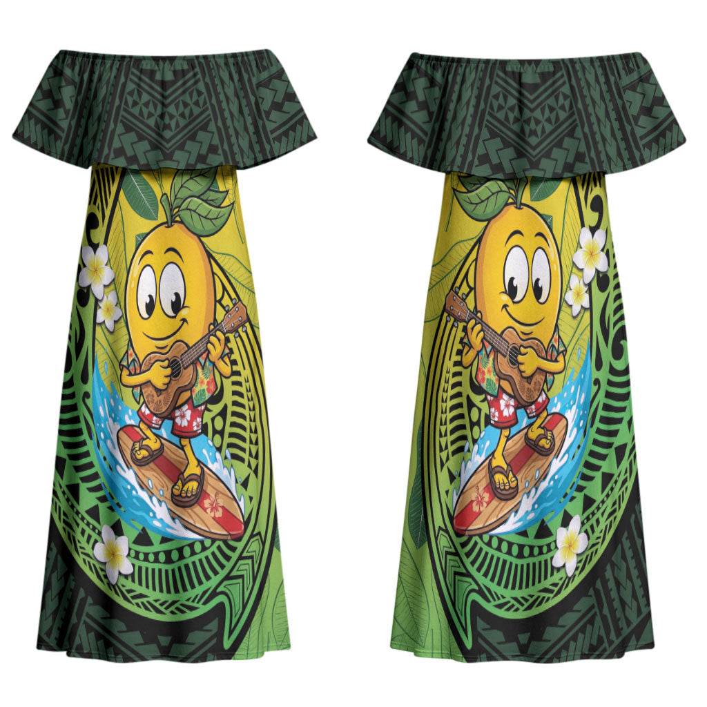 Hawaii Surfing Mango Family Matching Off Shoulder Maxi Dress and Hawaiian Shirt Manako Polynesian Fish Hook