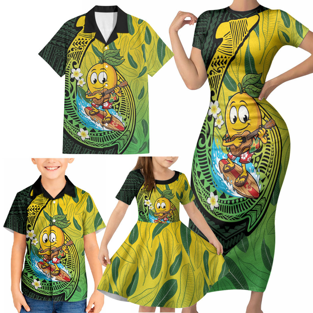 Hawaii Surfing Mango Family Matching Short Sleeve Bodycon Dress and Hawaiian Shirt Manako Polynesian Fish Hook