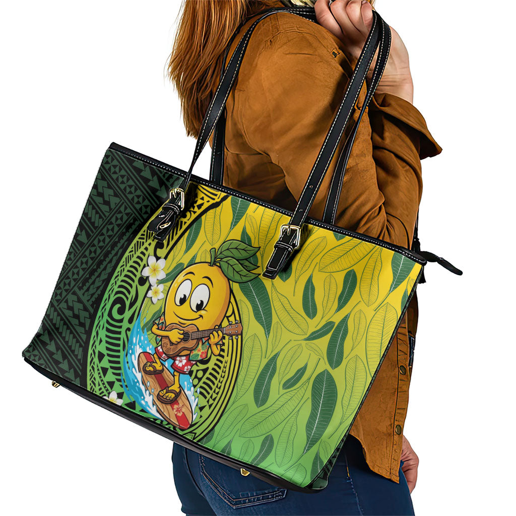 Hawaii Surfing Mango Leather Tote Bag Manako Polynesian Fish Hook